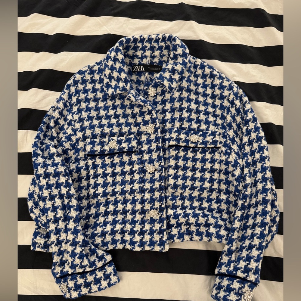Zara Blue and White Houndstooth Tweed Jacket